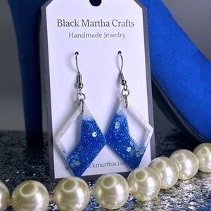 Blue and White Resin Glitter Earrings